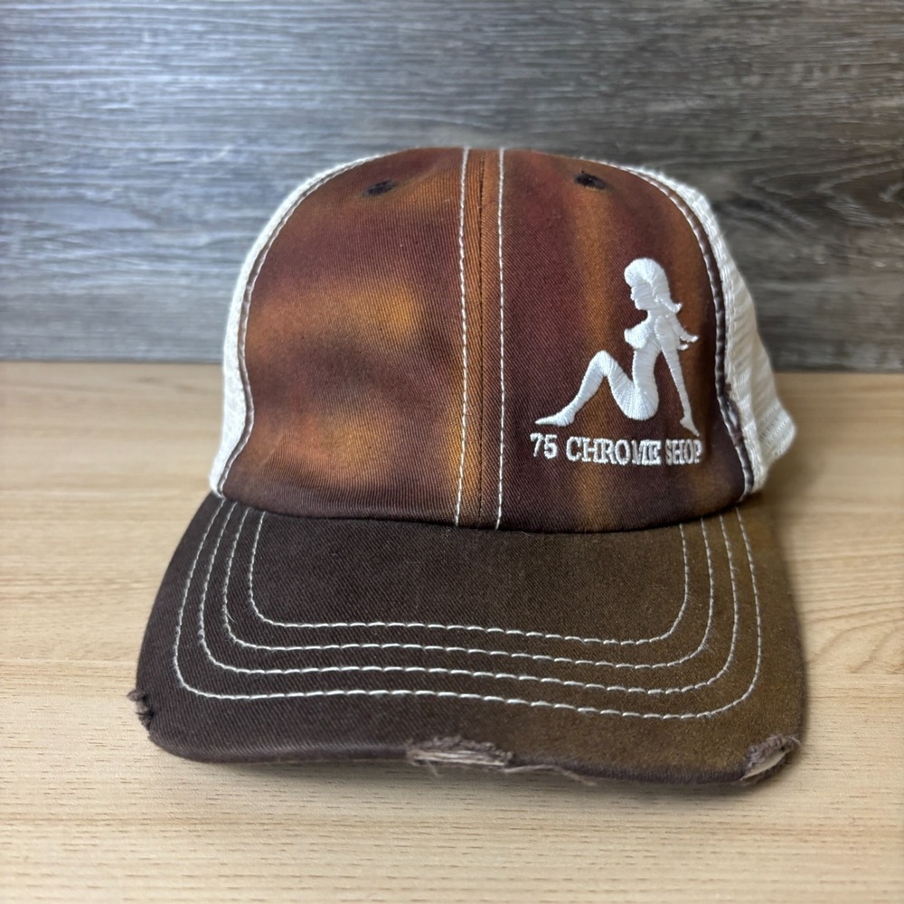 75 Chrome Shop Hat Cap Strap Back Brown Faded Distressed Adjustable